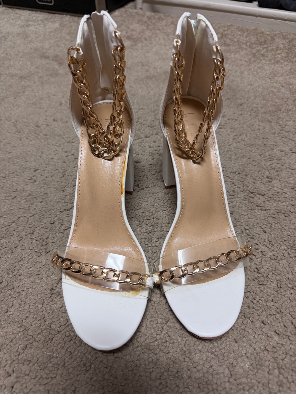 Nicole Miller White Block Heels with Gold Chain Straps